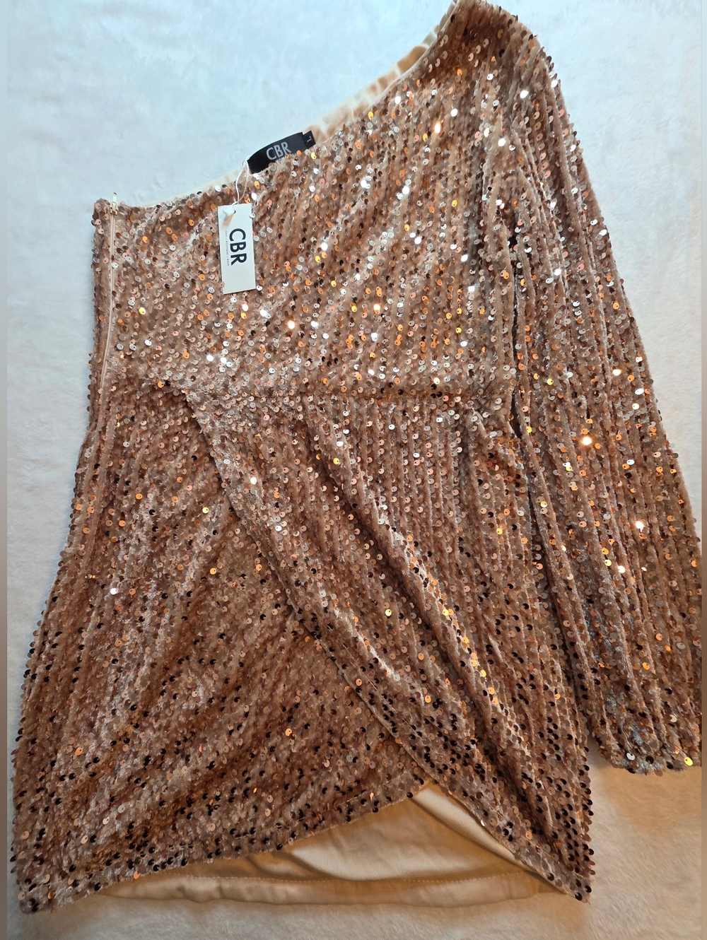 CBR Rose Gold Color Sequin One Shoulder Dress Womens Large NWT